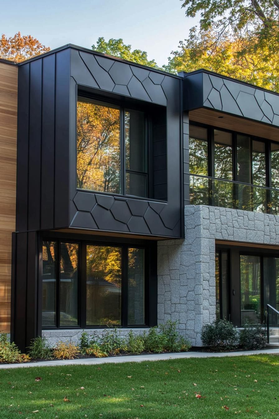 80s house exterior modern renovation facade with hexagon metal accent panels