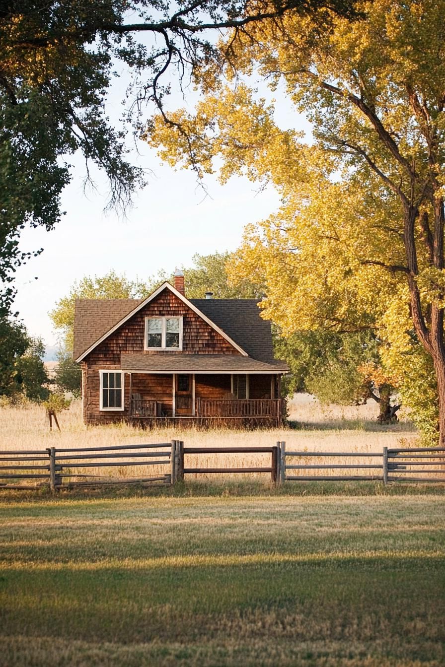 one story ranch house rustic siding ranch fields trees