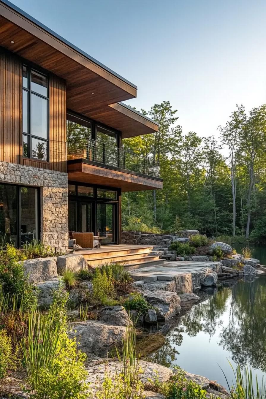 modern lakeside hill house with rustic wood siding and stone foundation overlooking a forest lake 2