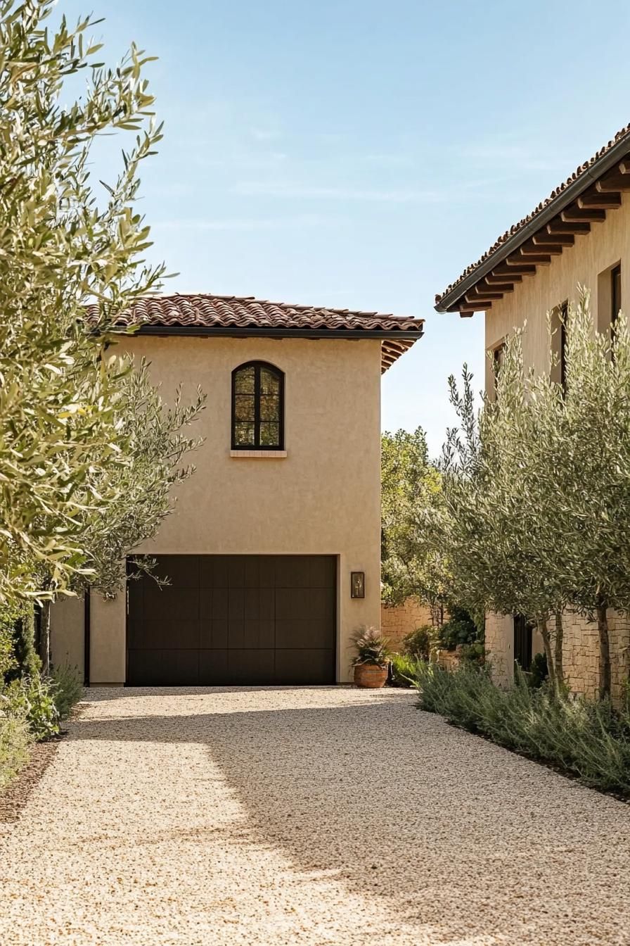 modern Tuscan mediterranean house earthy toned stucco facade with modern garage and gravel driveway lined with olive trees 2