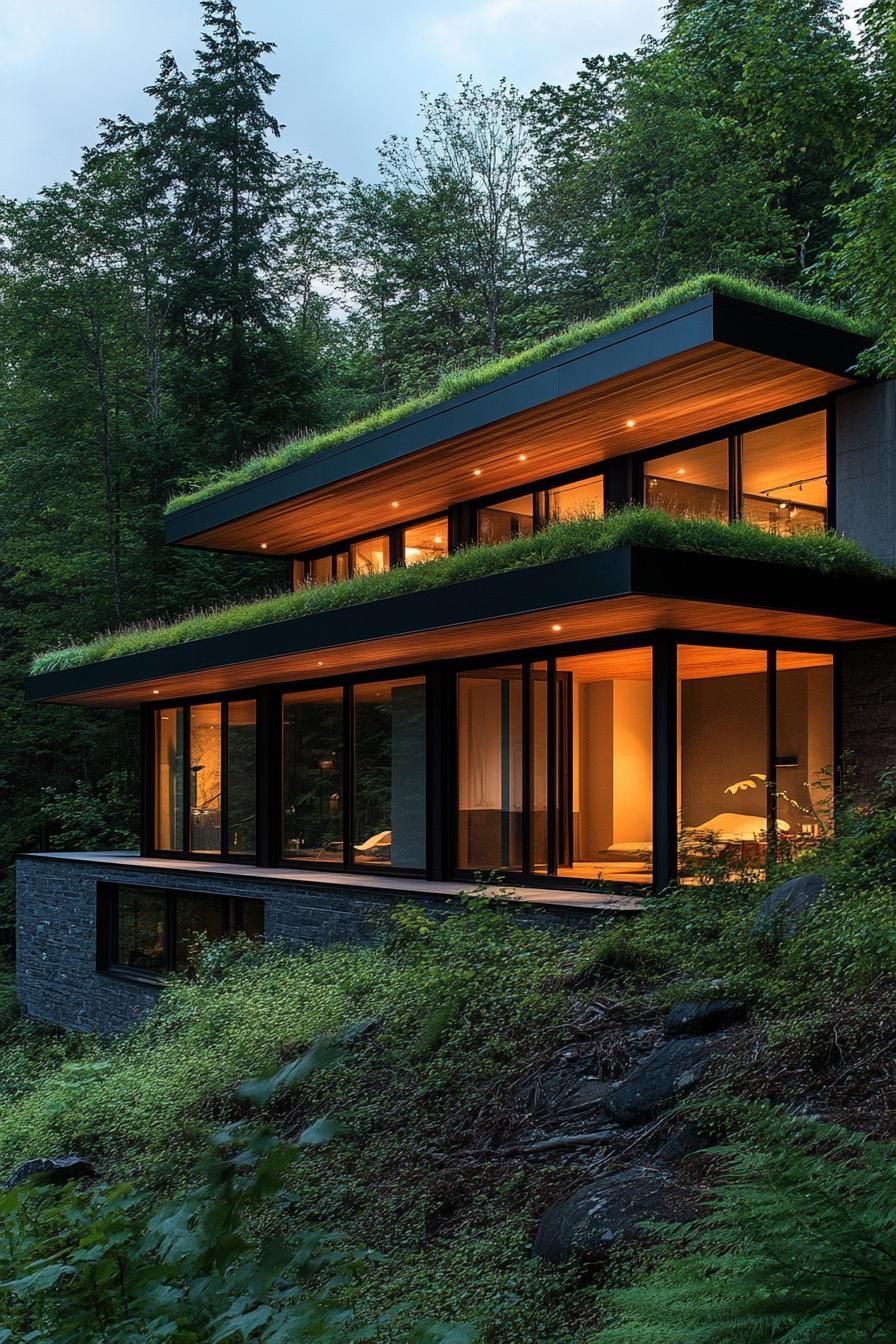 modern house on a slope with green roof and lush forest views 3