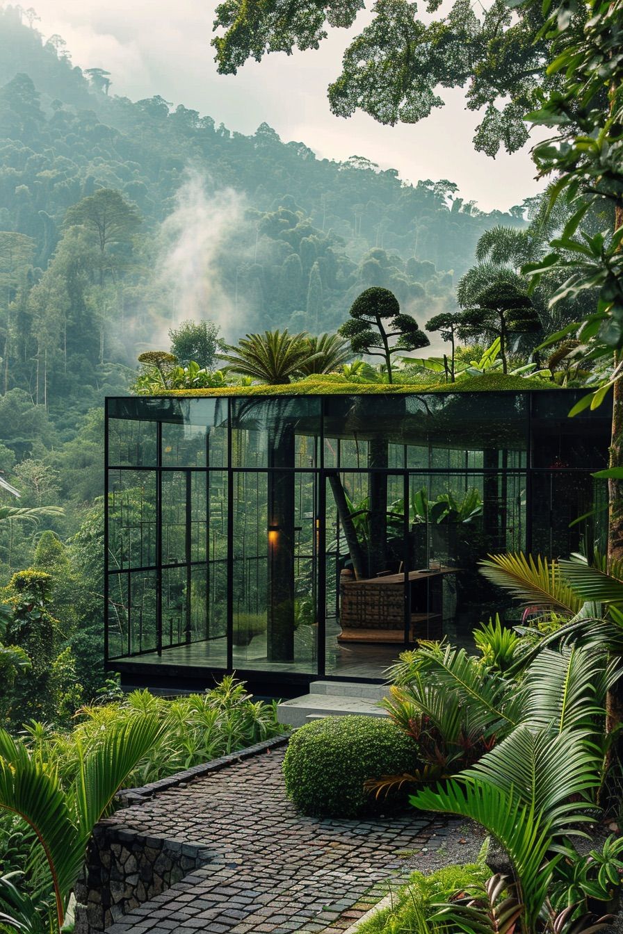 Glass Cabin With Green Roof Garden