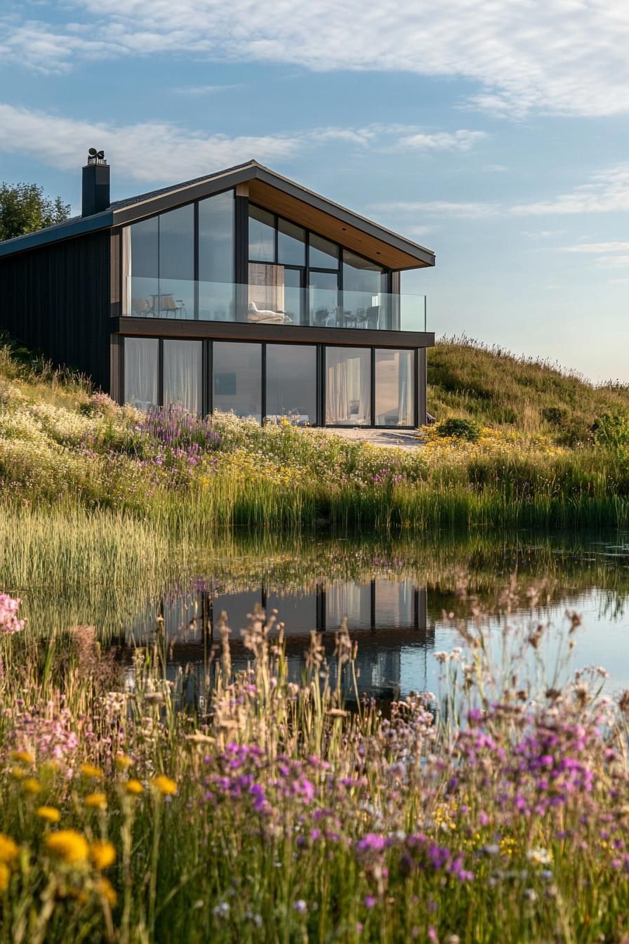 modern house with large windows on a hill overlooking a small lake surrounded by wildflower meadows 3