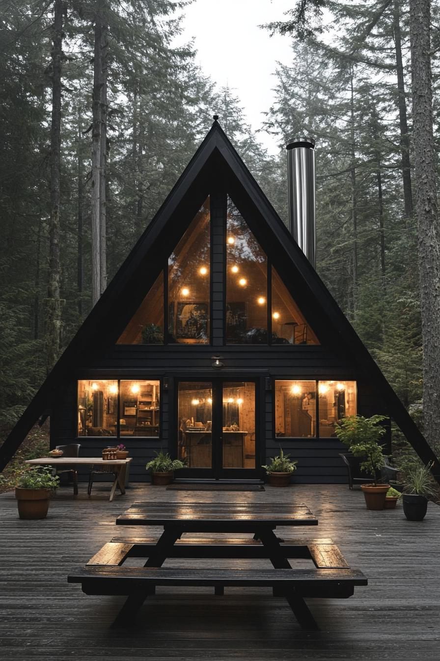 front view of a modern a frame cabin in charcoal black siding full wall glass windows natural wood door with glass panels tall chromed chimney in 3