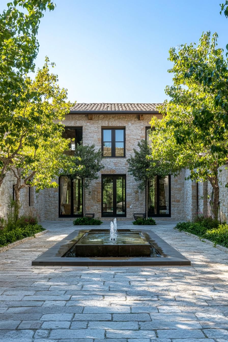 modern Italian mediterranean house inner courtyard stone paved with trees and fountain