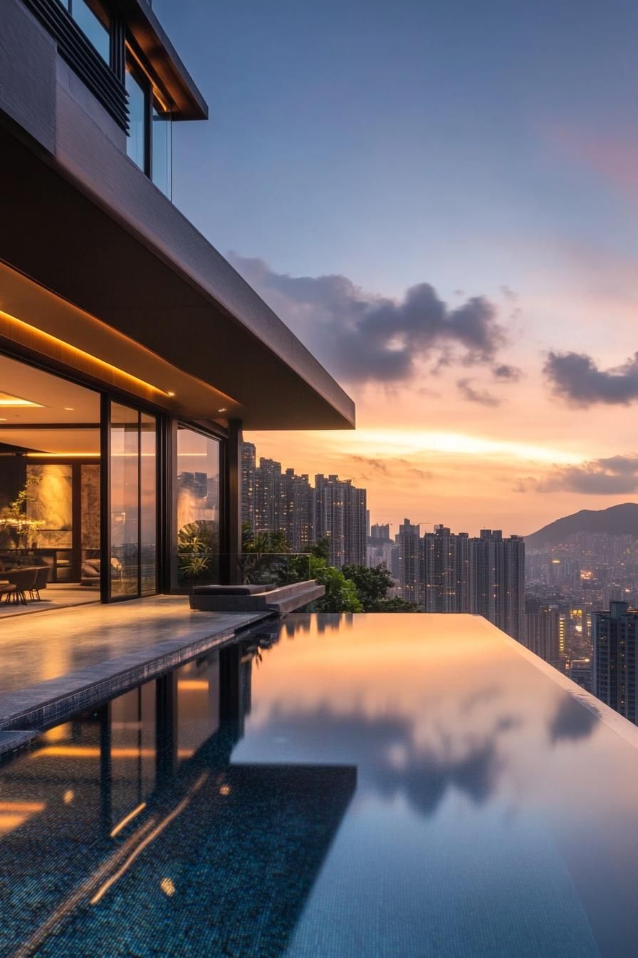 modern house with infinity pool overlooking big city skyline 2