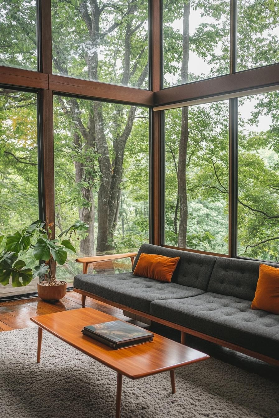 mid century modern house interior low profile sofa lounge with large windows overlooking a lush forest
