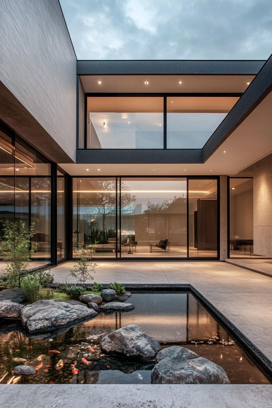 modern minimalist house courtyard with large glass doors opening to a koi pond and zen rock garden 2