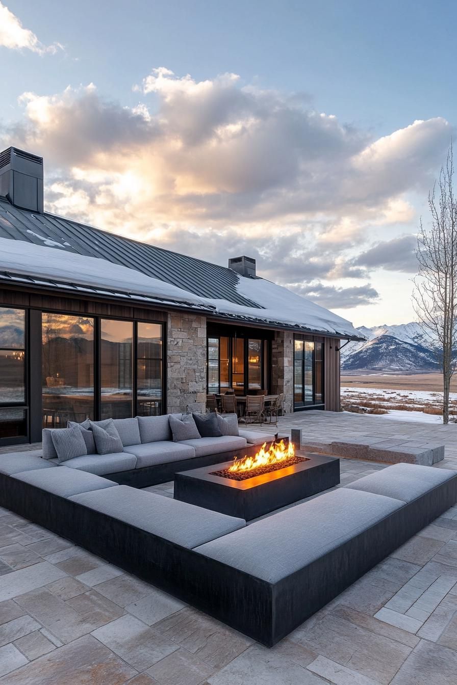 modern farmhouse L shaped courtyard with firepit lounge mountain views in winter