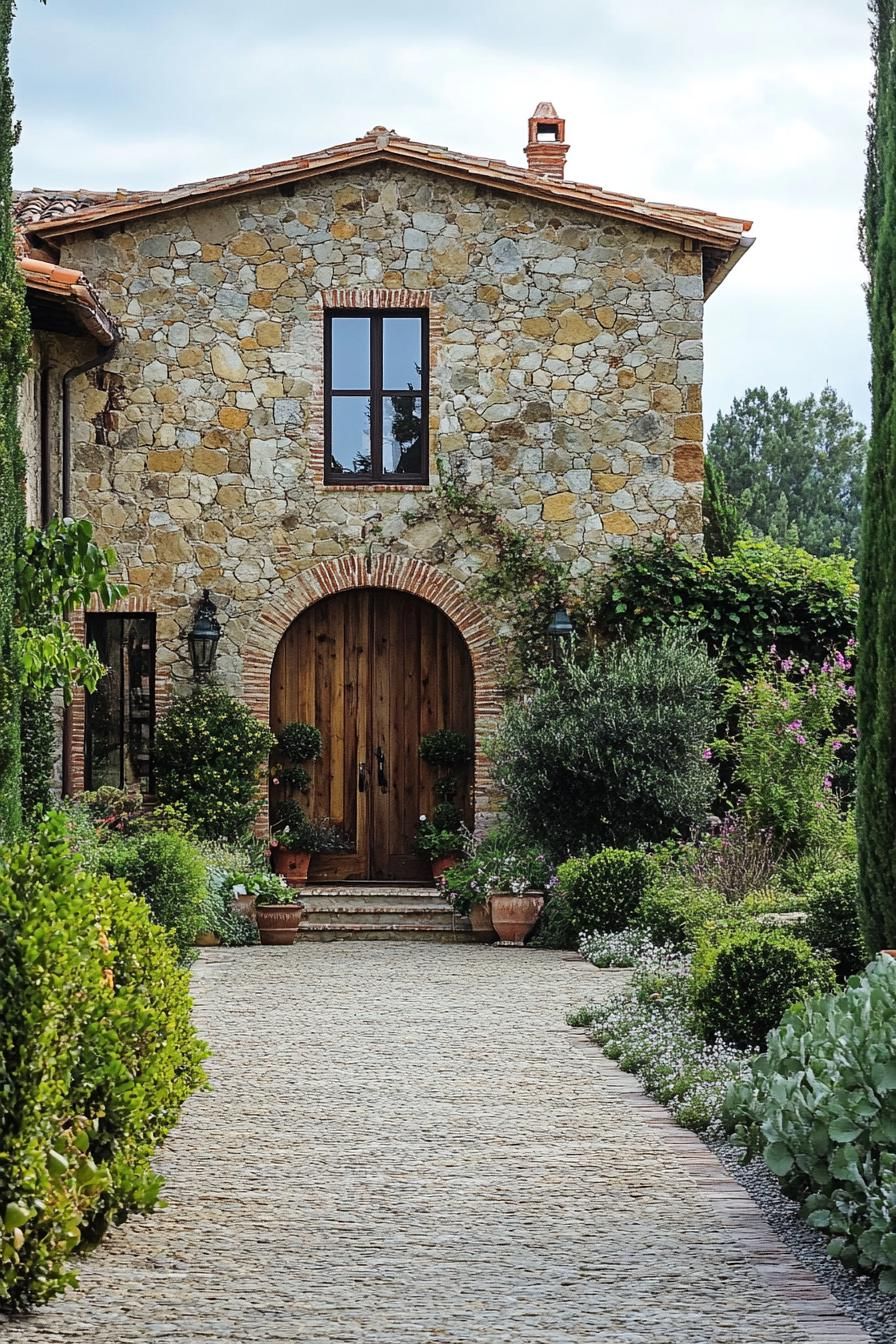 modern Tuscan mediterranean house stone facade with wooden arched doorway lush Tuscany garden 3