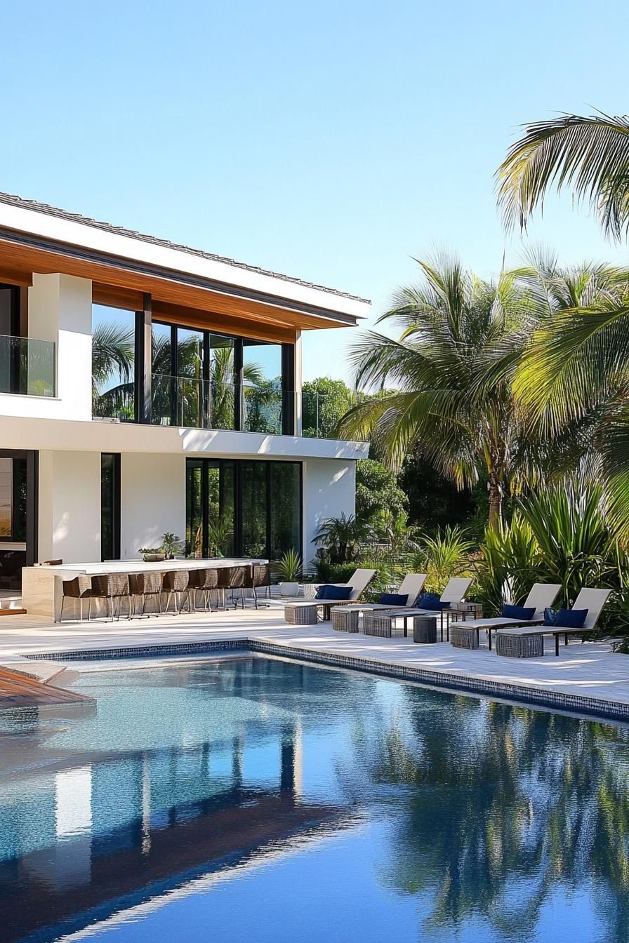 modern house pool with swim up bar tall palms in the backyard tropical landscape 3