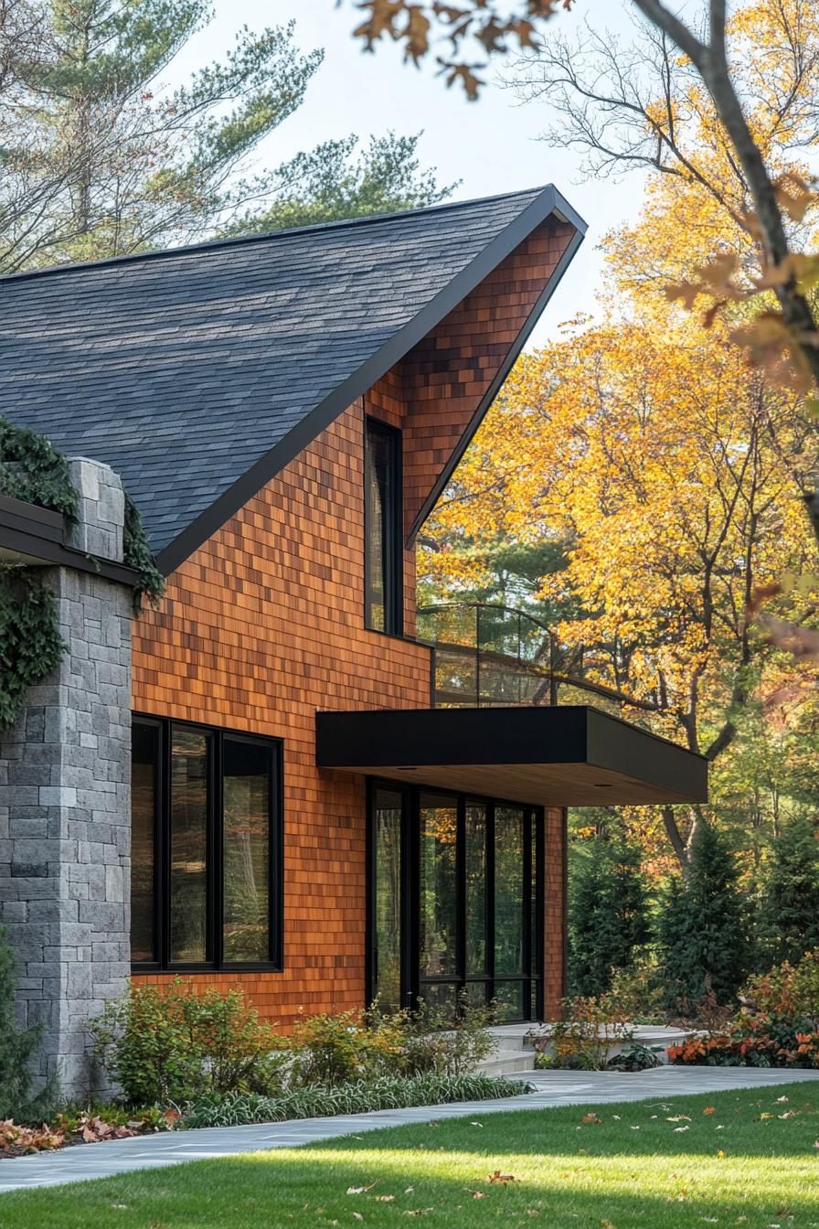 mid century modern and antique style house facade roof with gabled shingled sections