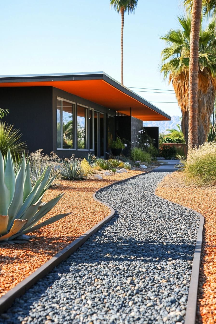 mid century modern house front yard gravel pathways with bold edging 2