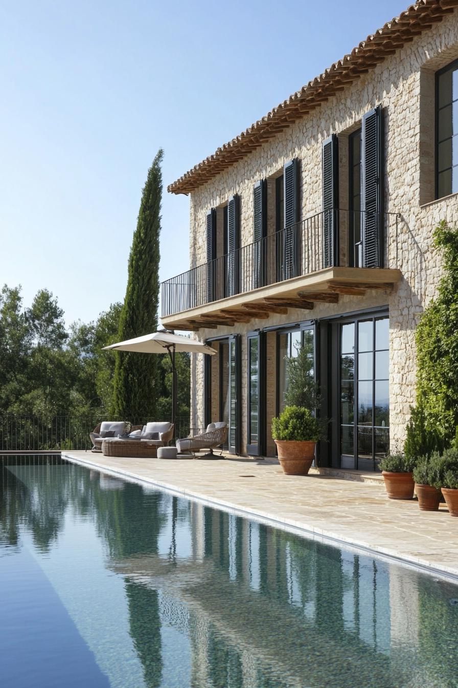 modern Italian mediterranean house modern facade with rustic shutters infinity pool terrace 2