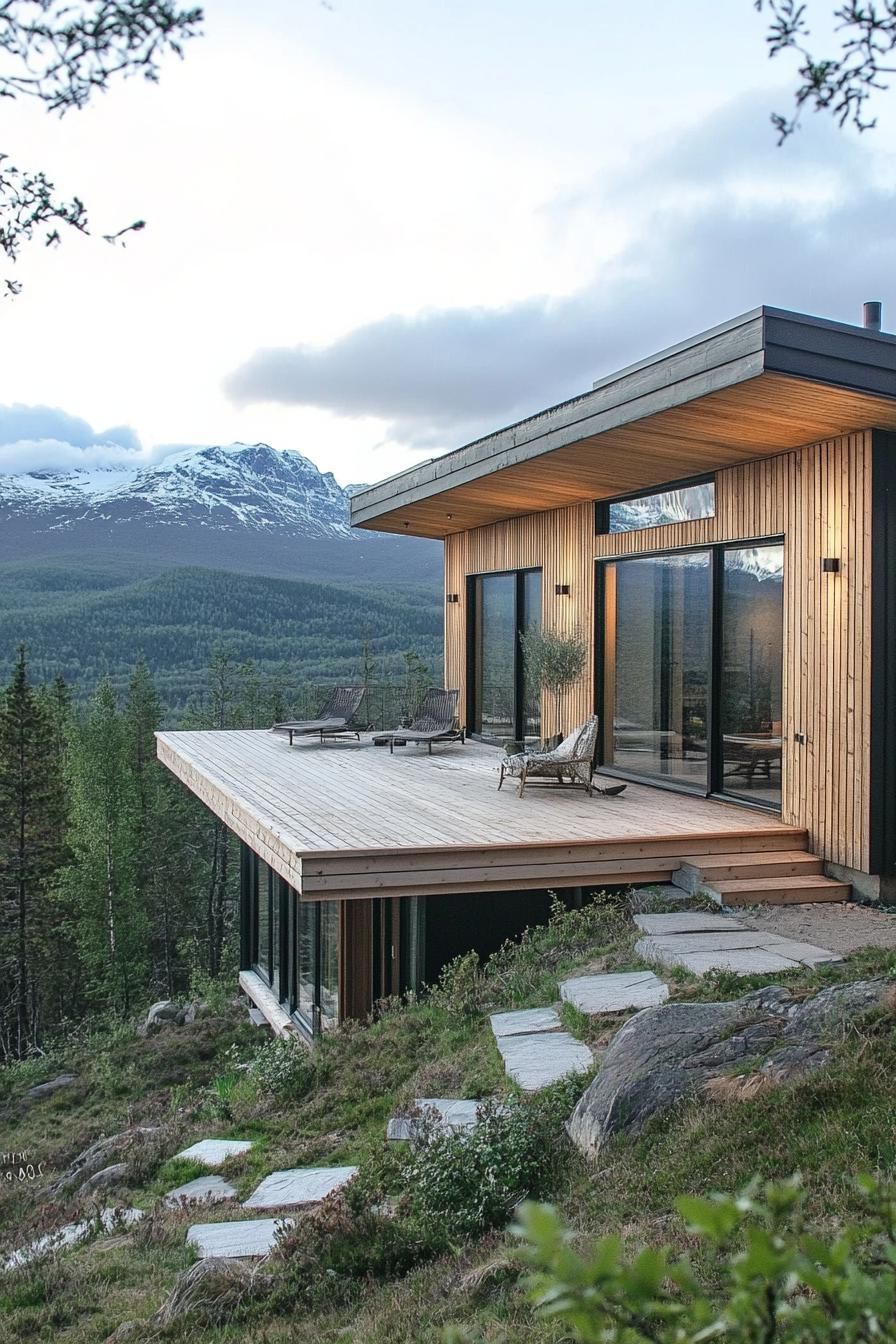modern eco house on a slope with Scandinavian mountain views