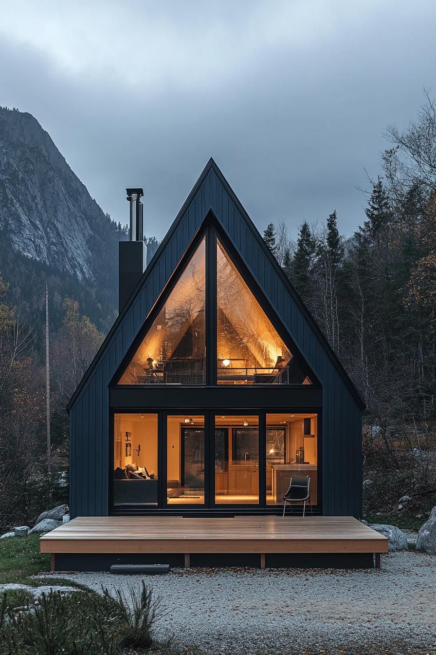 front view of a modern A frame house in midnight blue siding with Scandinavian wood front deck full glass wall illuminated interior Scandinavian