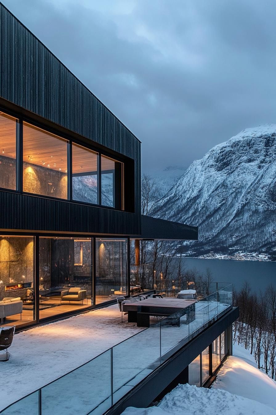 modern mountain house with charcoal stained wood facade and large glass windows stunning Norwegian fjord views