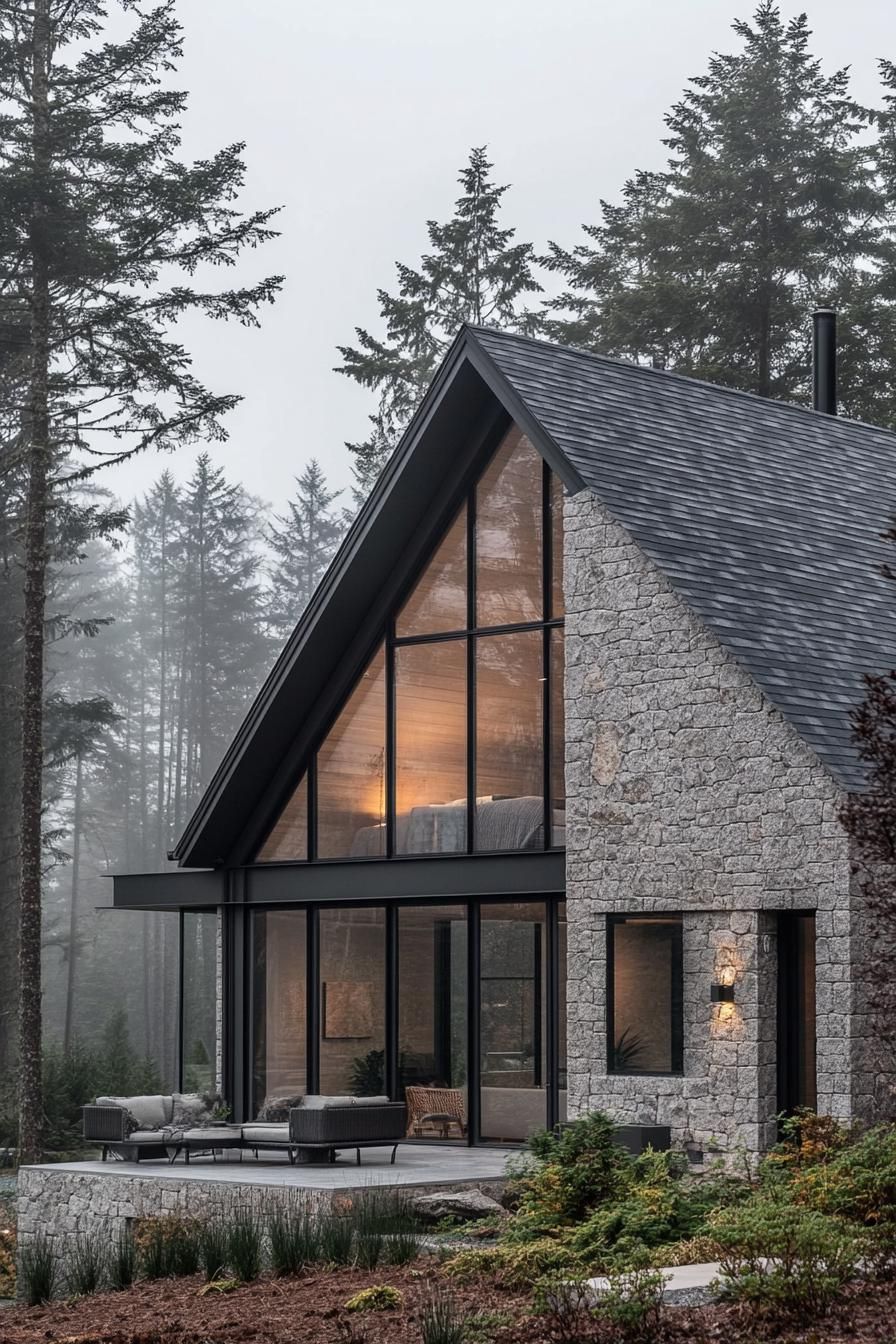 modern barndominium house grey stone facade with black trim misty Scandinavian forest views