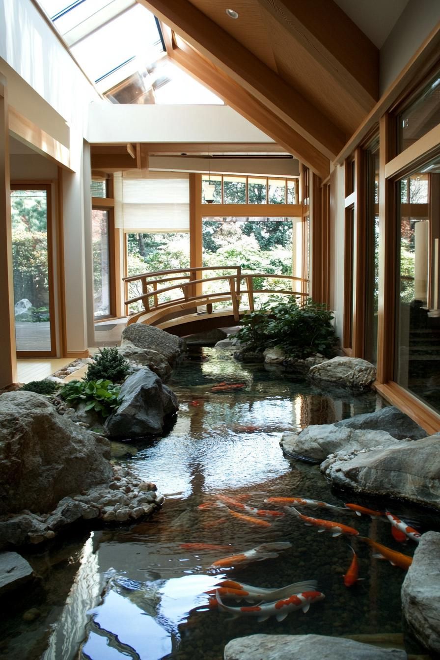 modern unique japanese style zen home with indoor koi pond atrium with a bridge 2