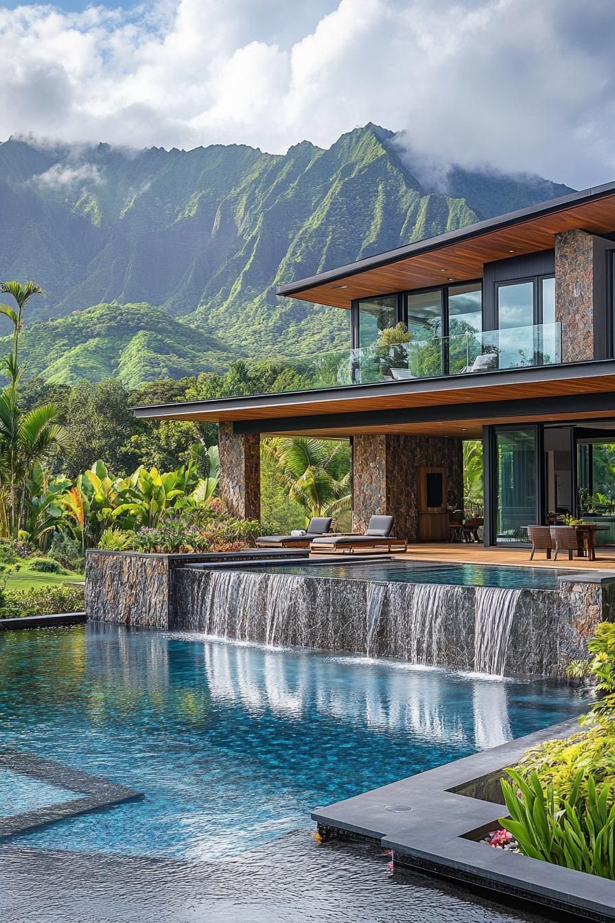 modern house with cascading pool with waterfall tropical mountain range in the background