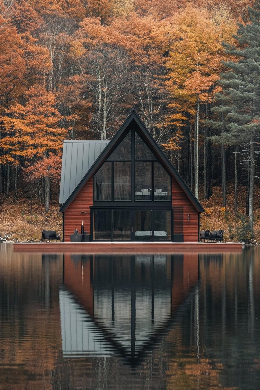 modern a frame cabin with dark stained cedar siding large black frame modern windows and sliding doors grey metal roof in front of the house is a 3