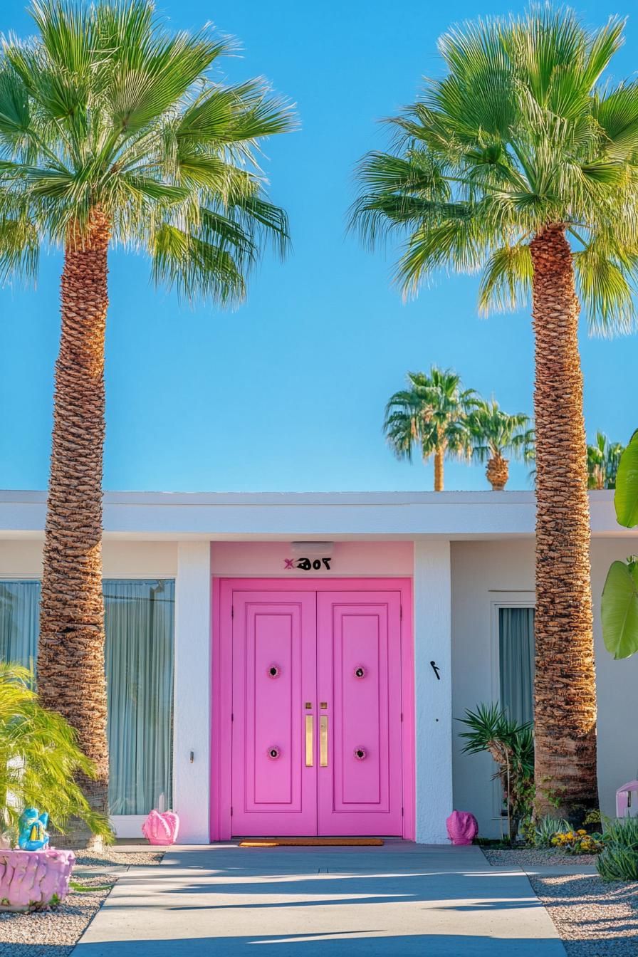70s midcentury house facade front door in statement pink color front yard with tall palms 3