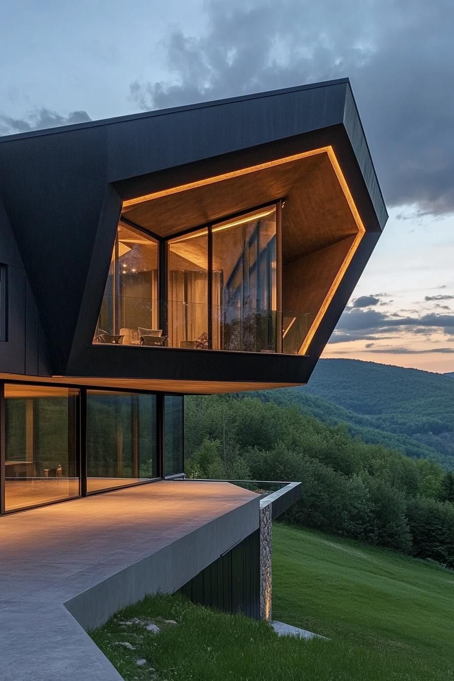 modern mountain cantilevered house geometric facade with infinity balcony overlooking green steep farmhouse hills