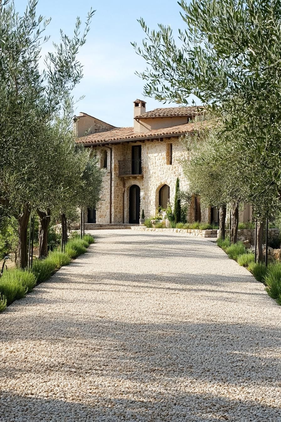 Olive Trees Lining a Gravel Driveway