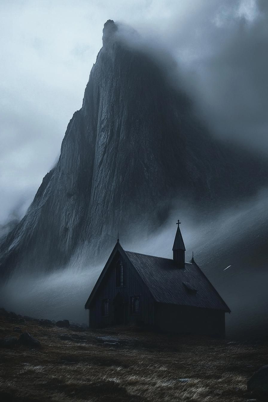 modern dark gothic style house with imposing foggy mountain in the background 2