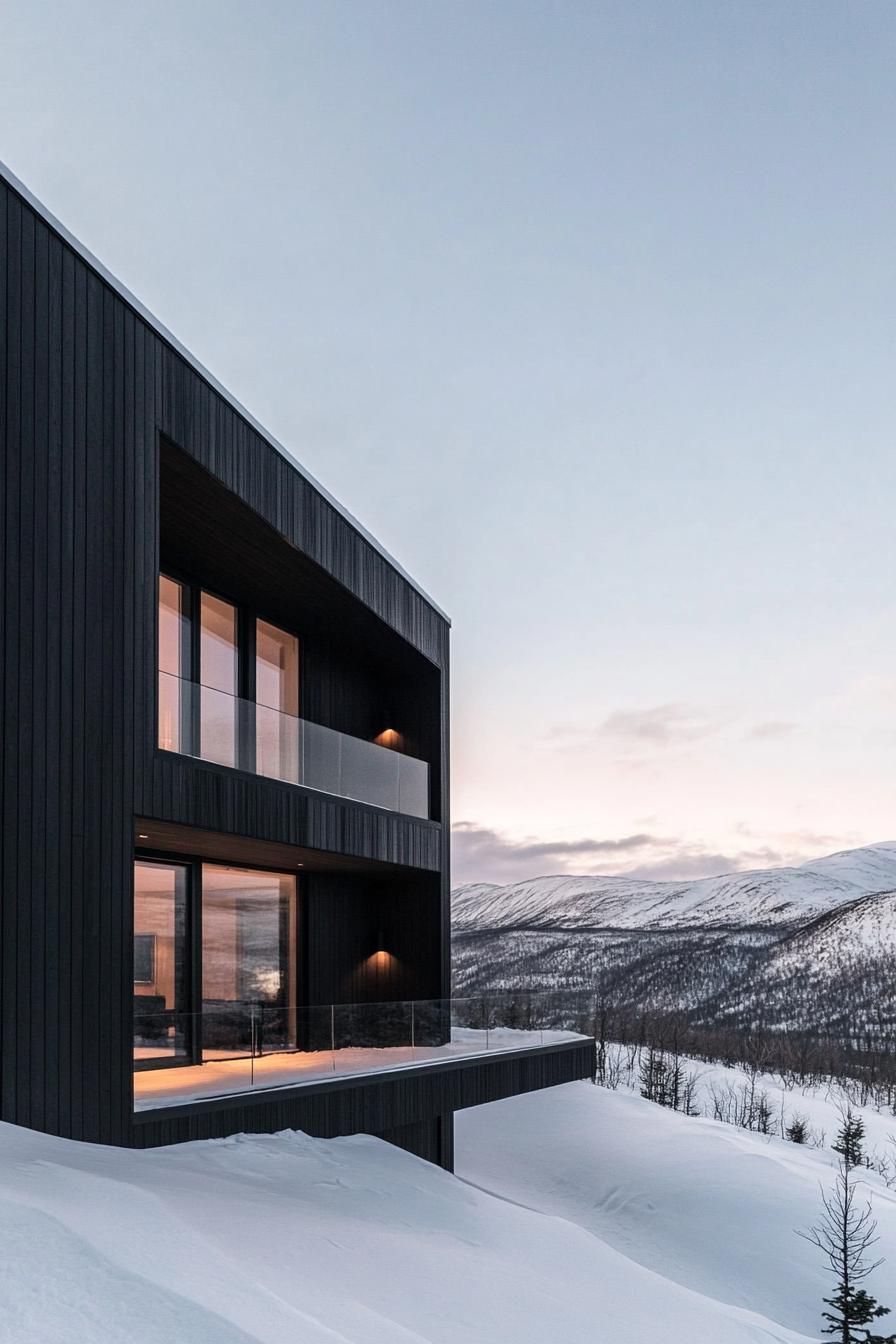 modern two story mountain house with black cedar wood facade in stunning snowy arctic mountain landscape 2