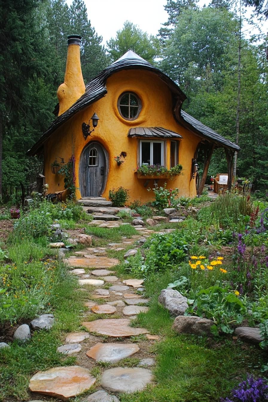 small cob house whimsical exterior with veggie garden and stone paths in a mountain forest clearing 3