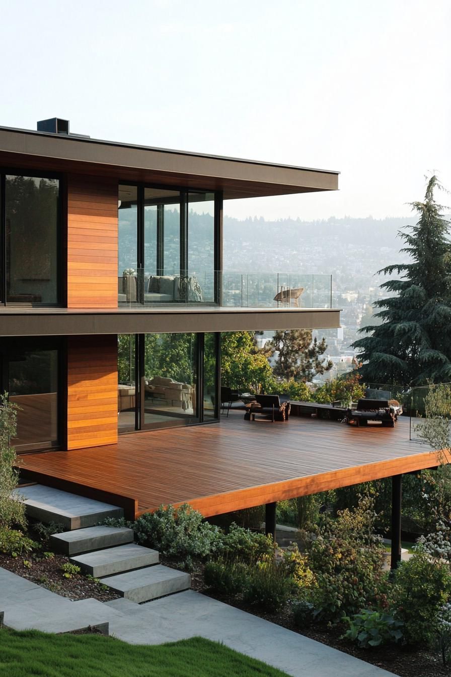 modern house on a slope with cantilevered deck and lush mountain views 2