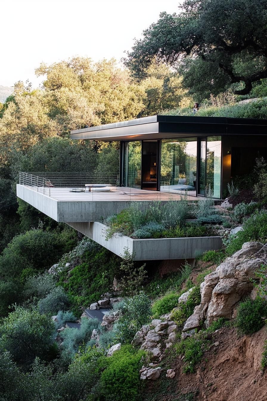 modern earth sheltered house built into hillside with cantilevered deck on the side