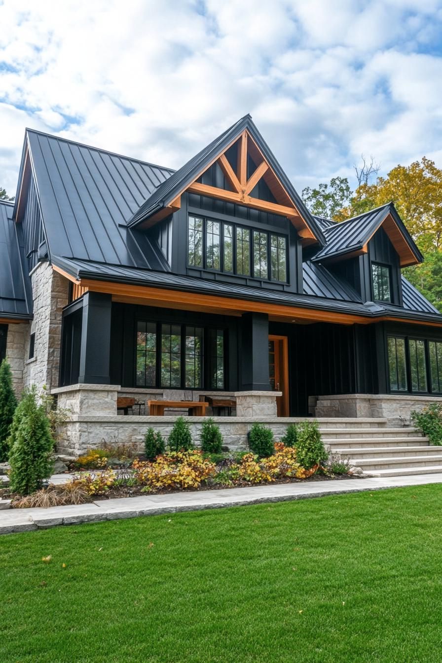 craftsman style house with dark siding black metal roof natural wood trim stone foundation large concrete patio lawn with concrete steps shrubs 1