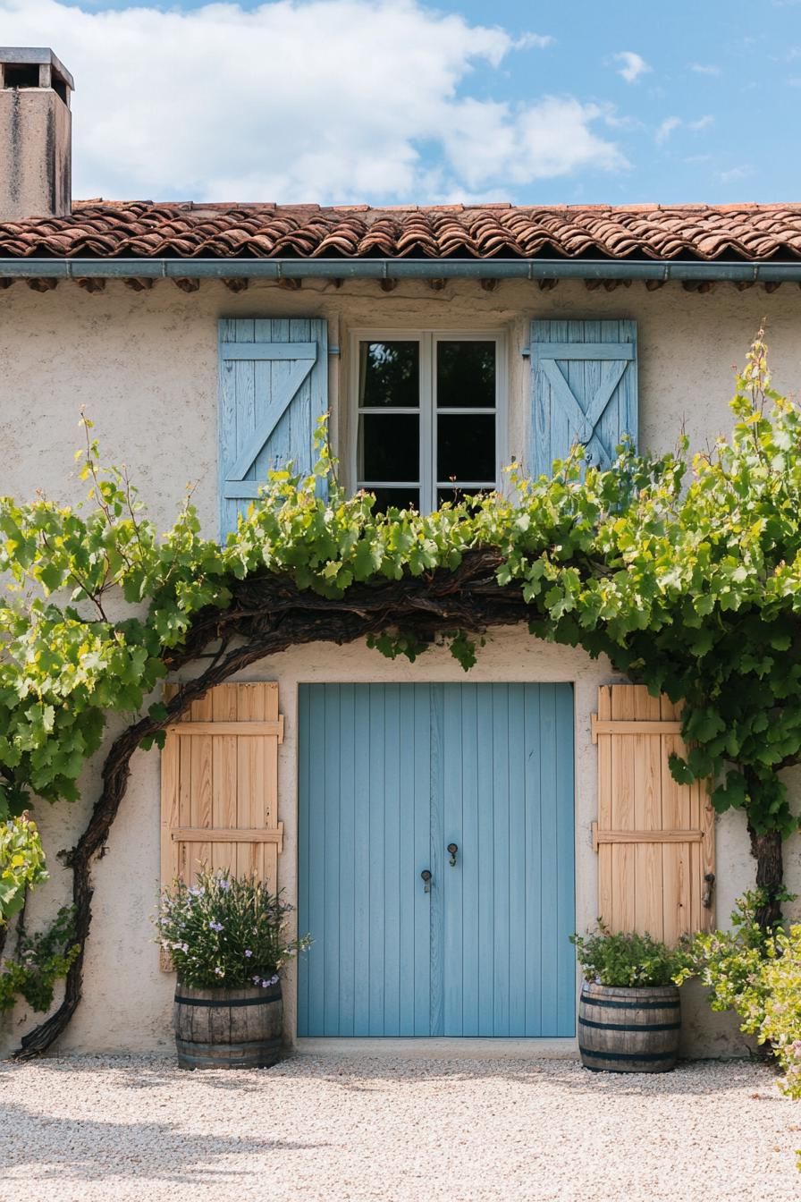 modern French mediterranean house facade with painted wooden doors French vineyard landscape 2