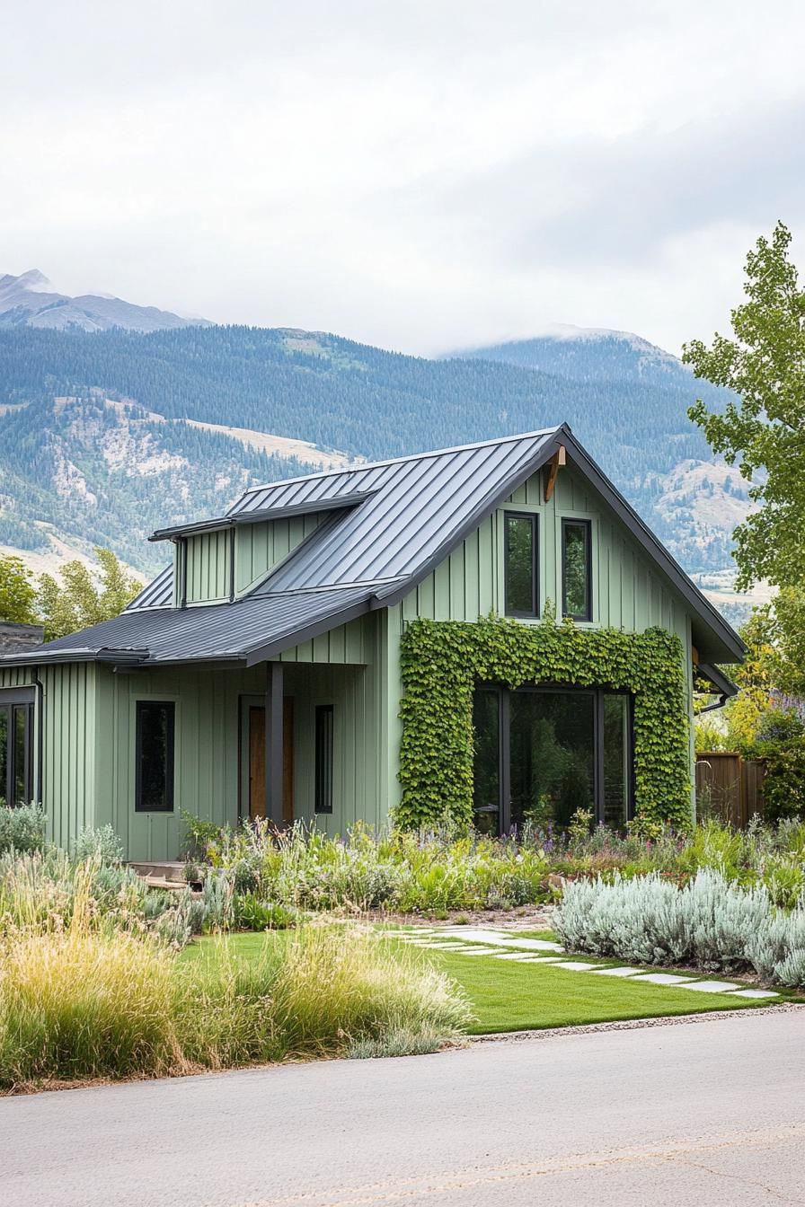 modern cottage style mountain house facade in pale green siding vertical garden front wall grey roof unkempt lawn Stunning mountains in the