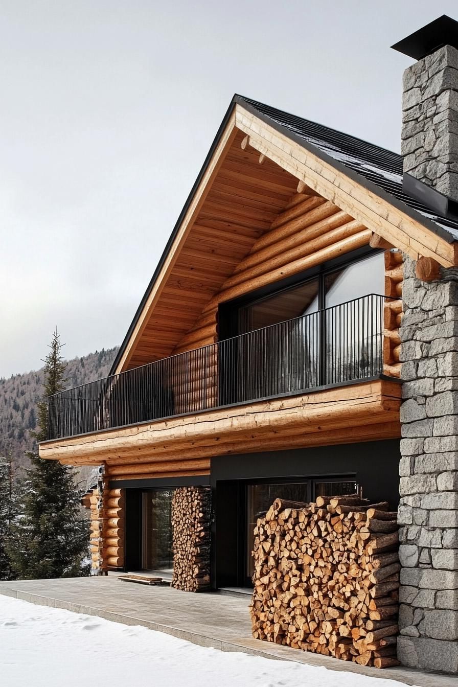 modern log house in the mountains with a stone fireplace and firewood storage