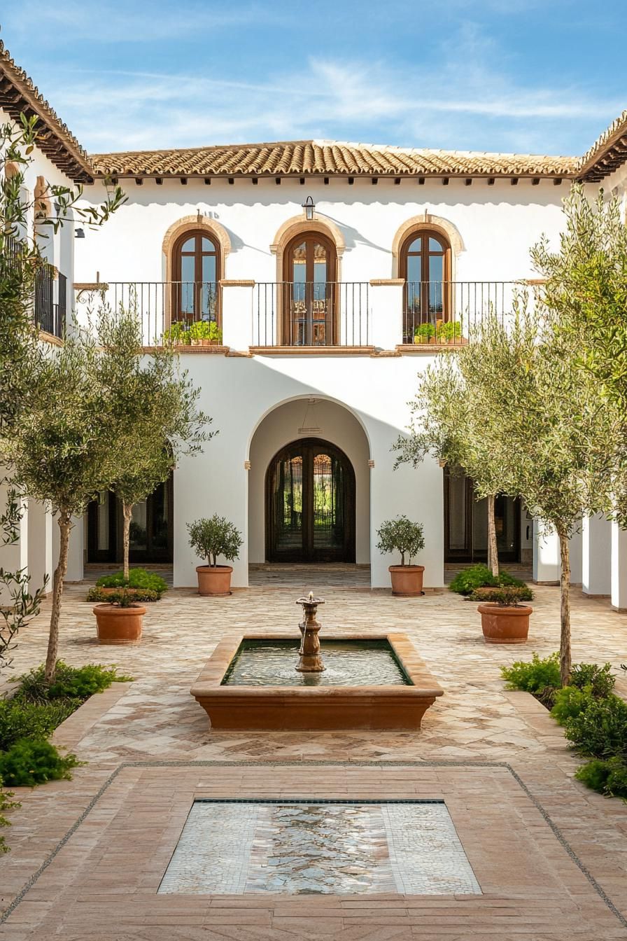 spanish villa courtyard with central fountain and olive trees