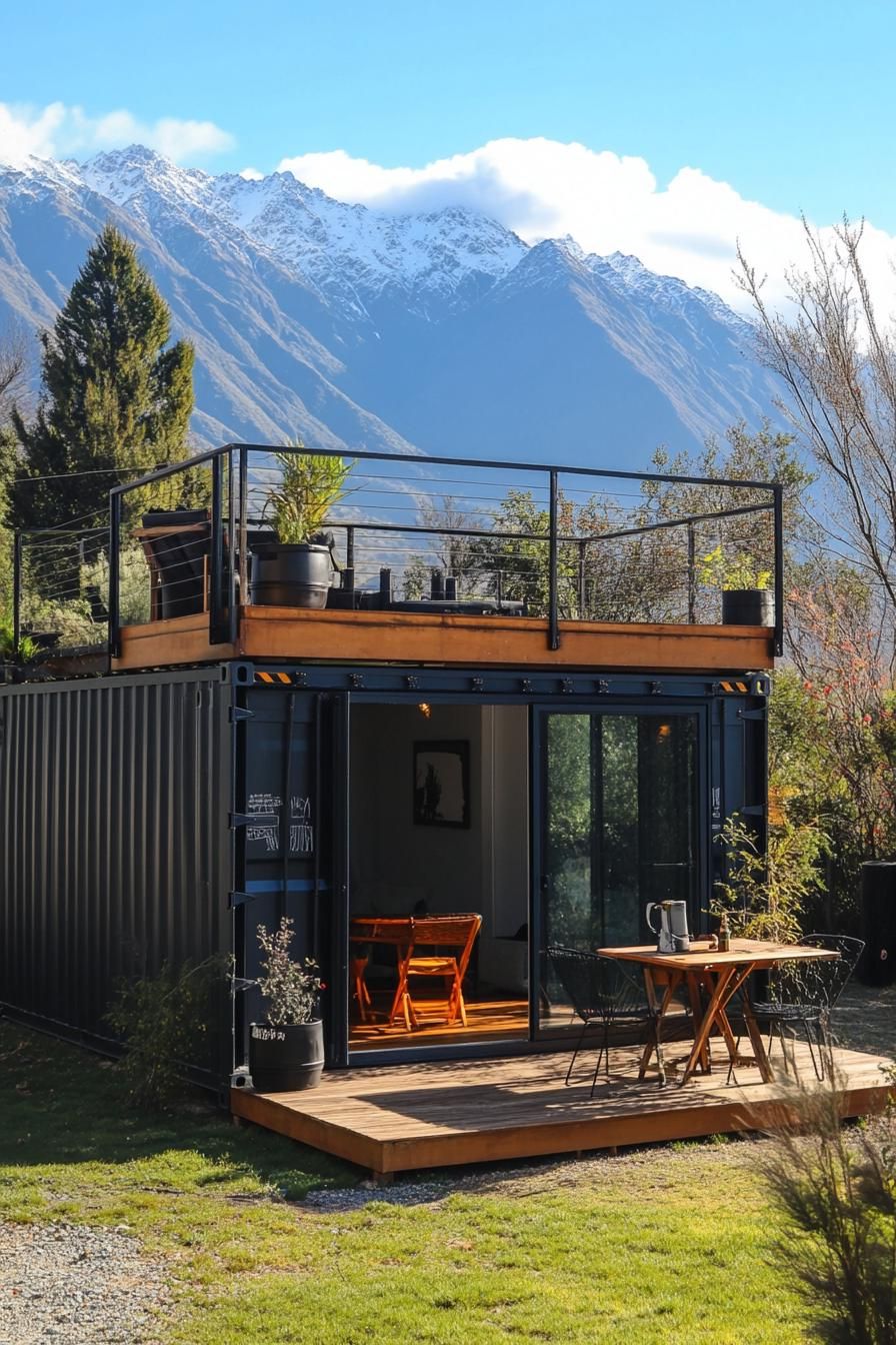 tiny shipping container house with rooftop deck built onto it extending outside as a deck cover mountain range in the background