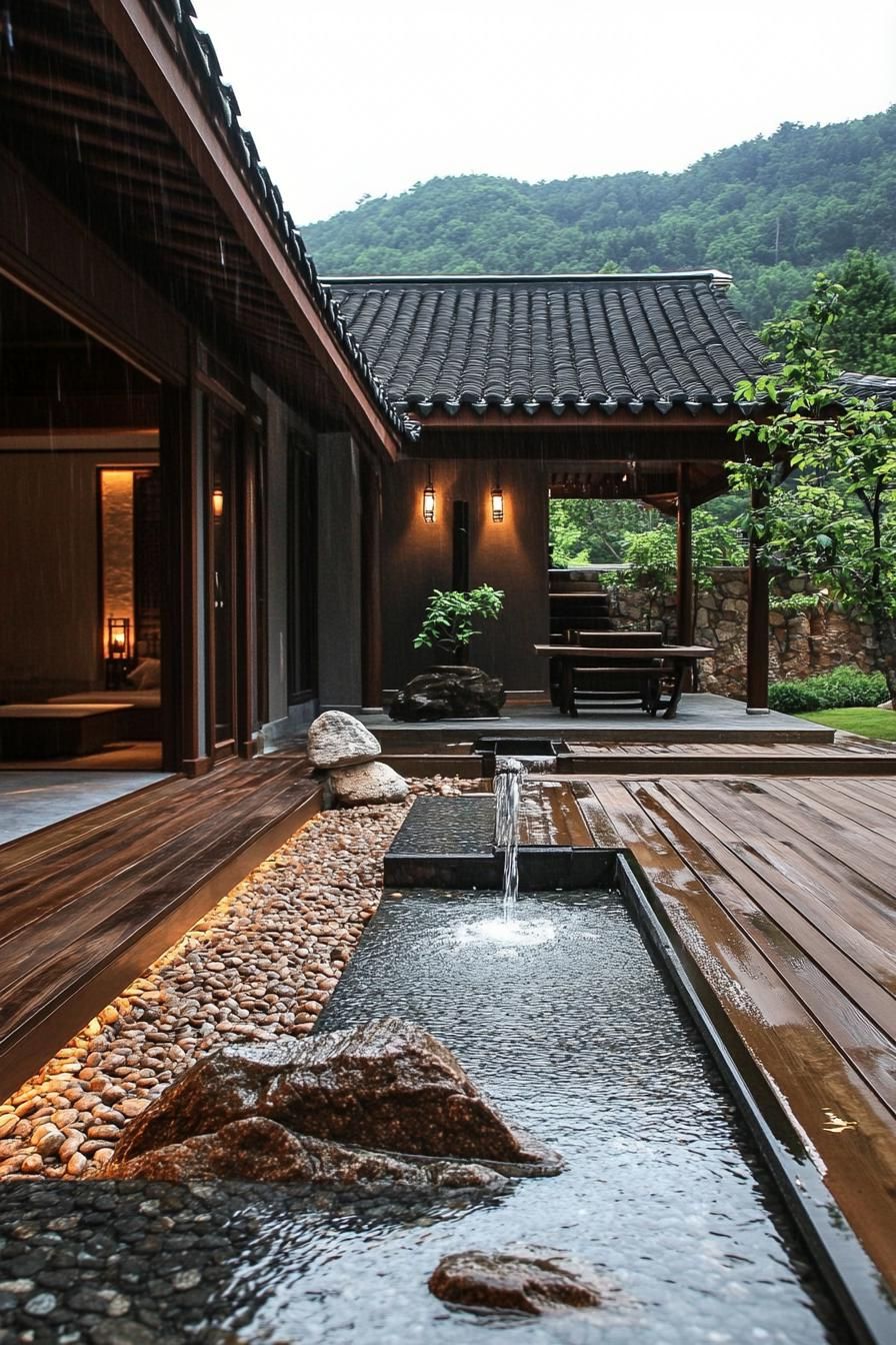 chinese inner courtyard with water stream feature wooden deck rocks chinese detailing green mountains visible over the roof from the courtyard 2