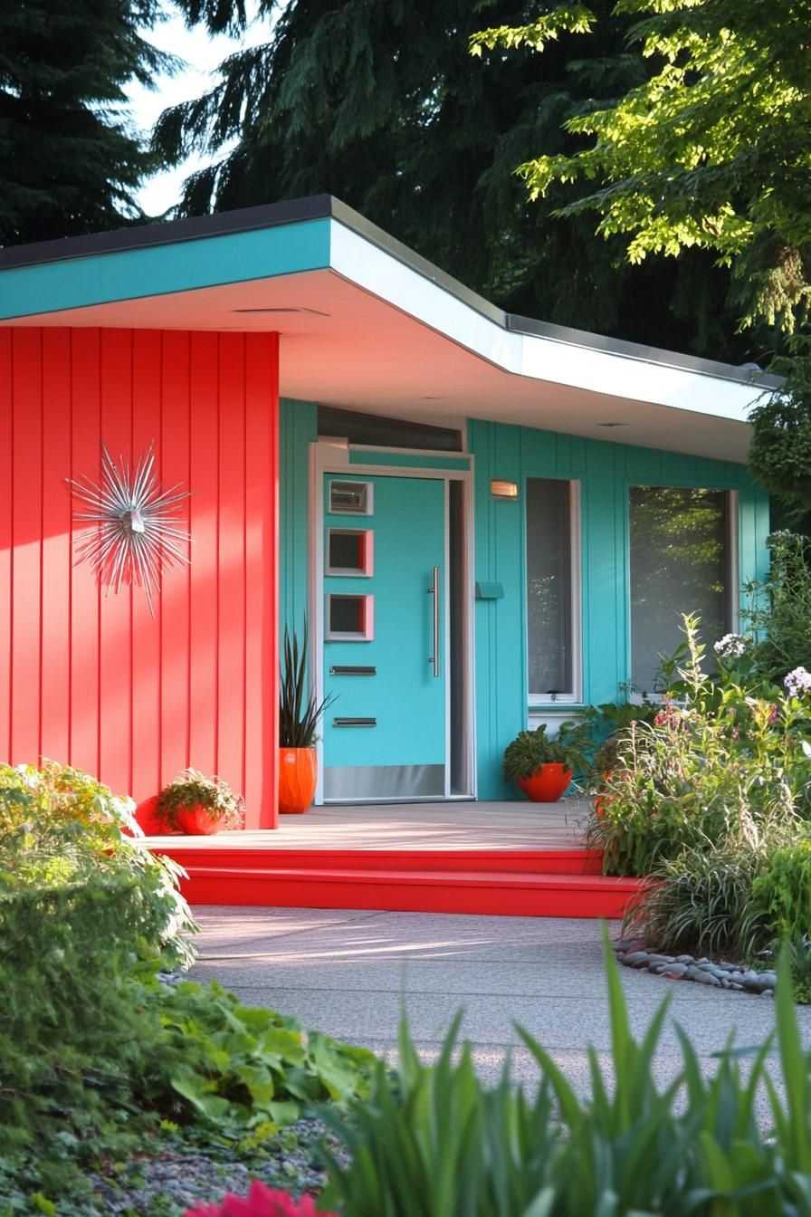 mid century modern house facade in bright red and aqua with chrome accents 3