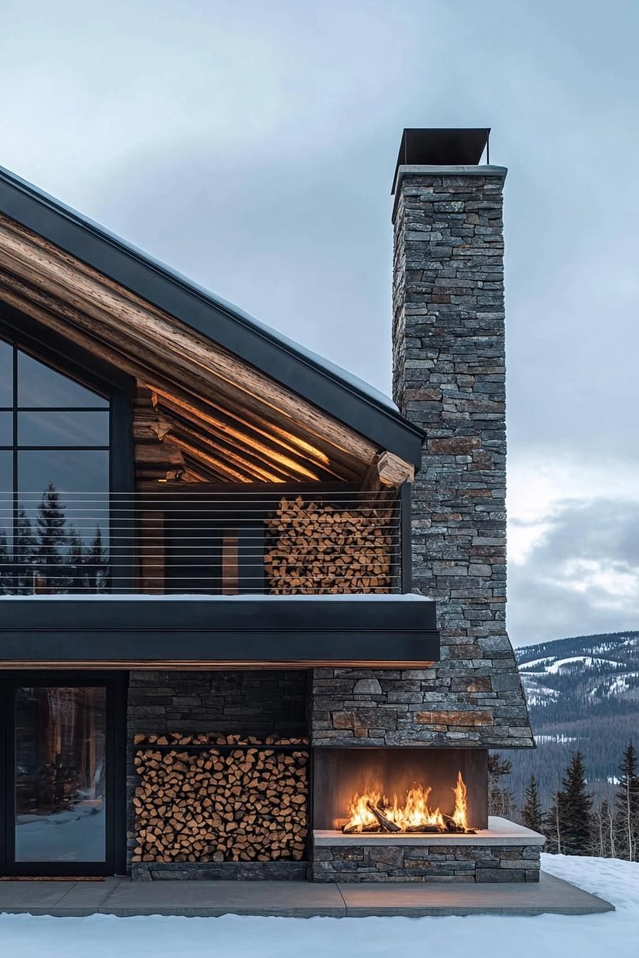 modern log house in the mountains with a stone fireplace and firewood storage 2