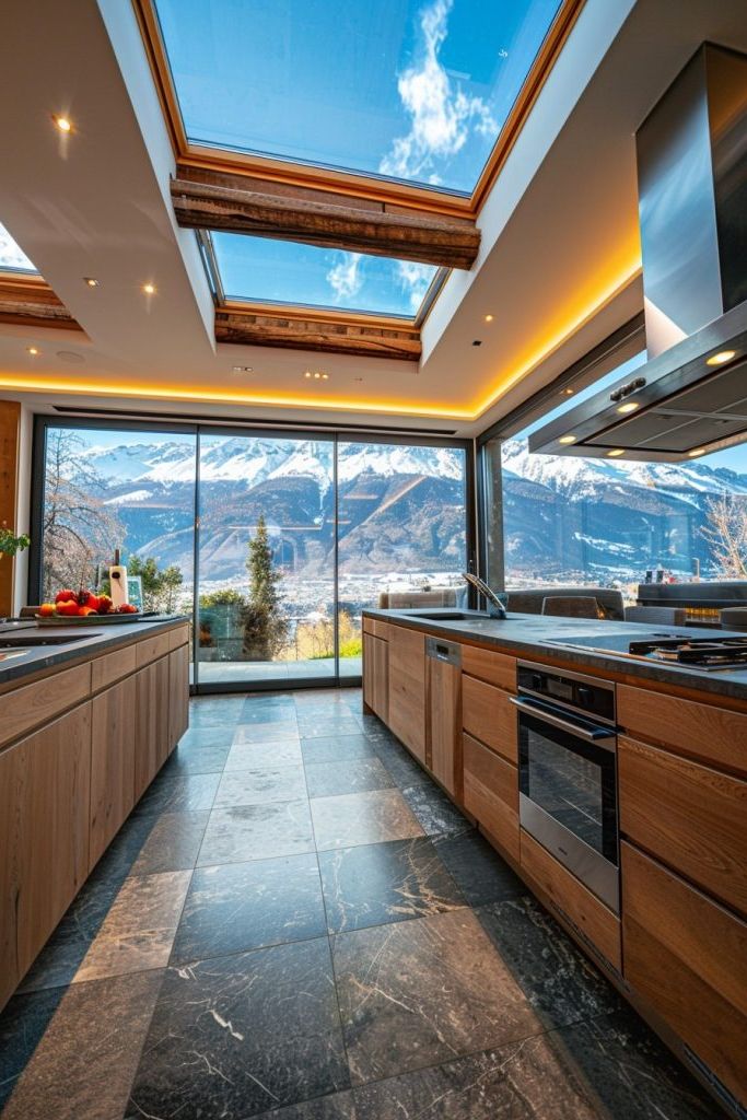 kitchen full wall windows and skylights