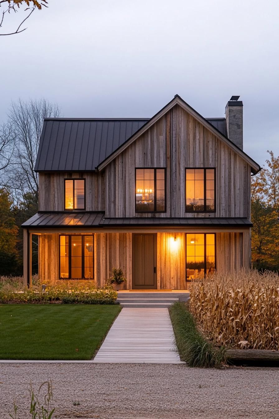 modern farmhouse with reclaimed wood siding farmland with corn fields