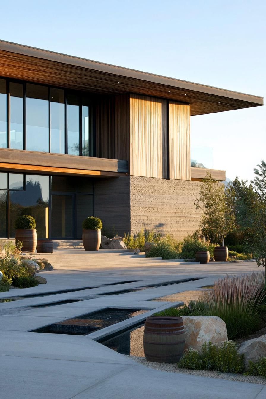 modern house facade with gutter drains going to barrels as part of exterior design 3