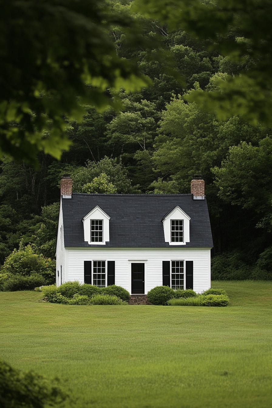 English cottage style duplex white house with black roof and windows in a meadow full house view from afar 3