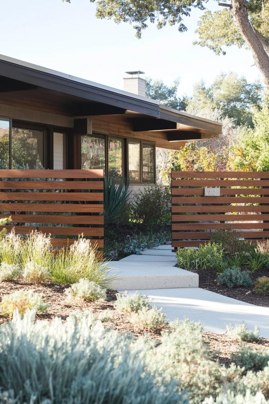 mid century modern house front yard with horizontal slat fence 2