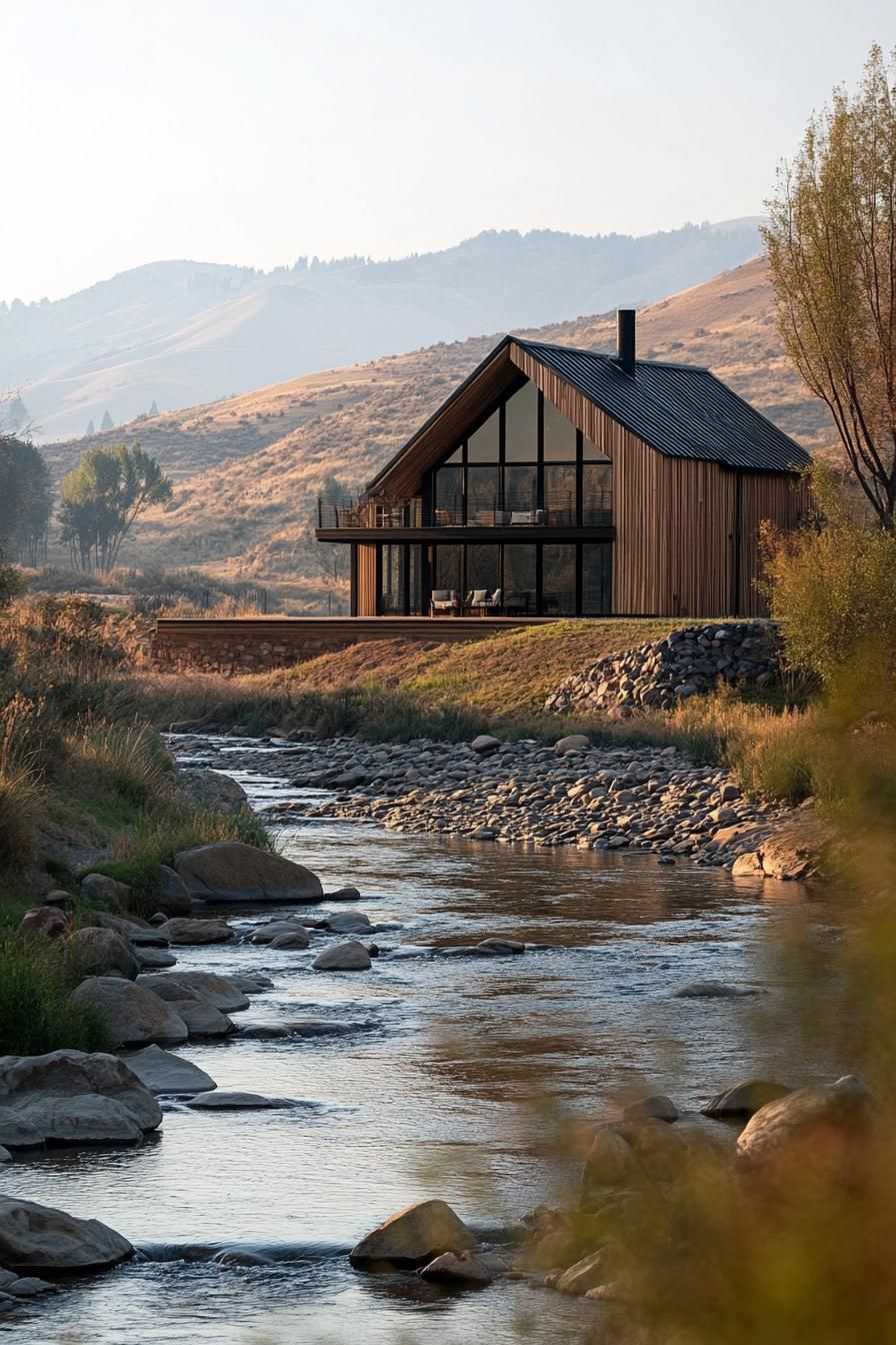 modern wooden barn style ranch house by a rocky river hills in the backdrop 1