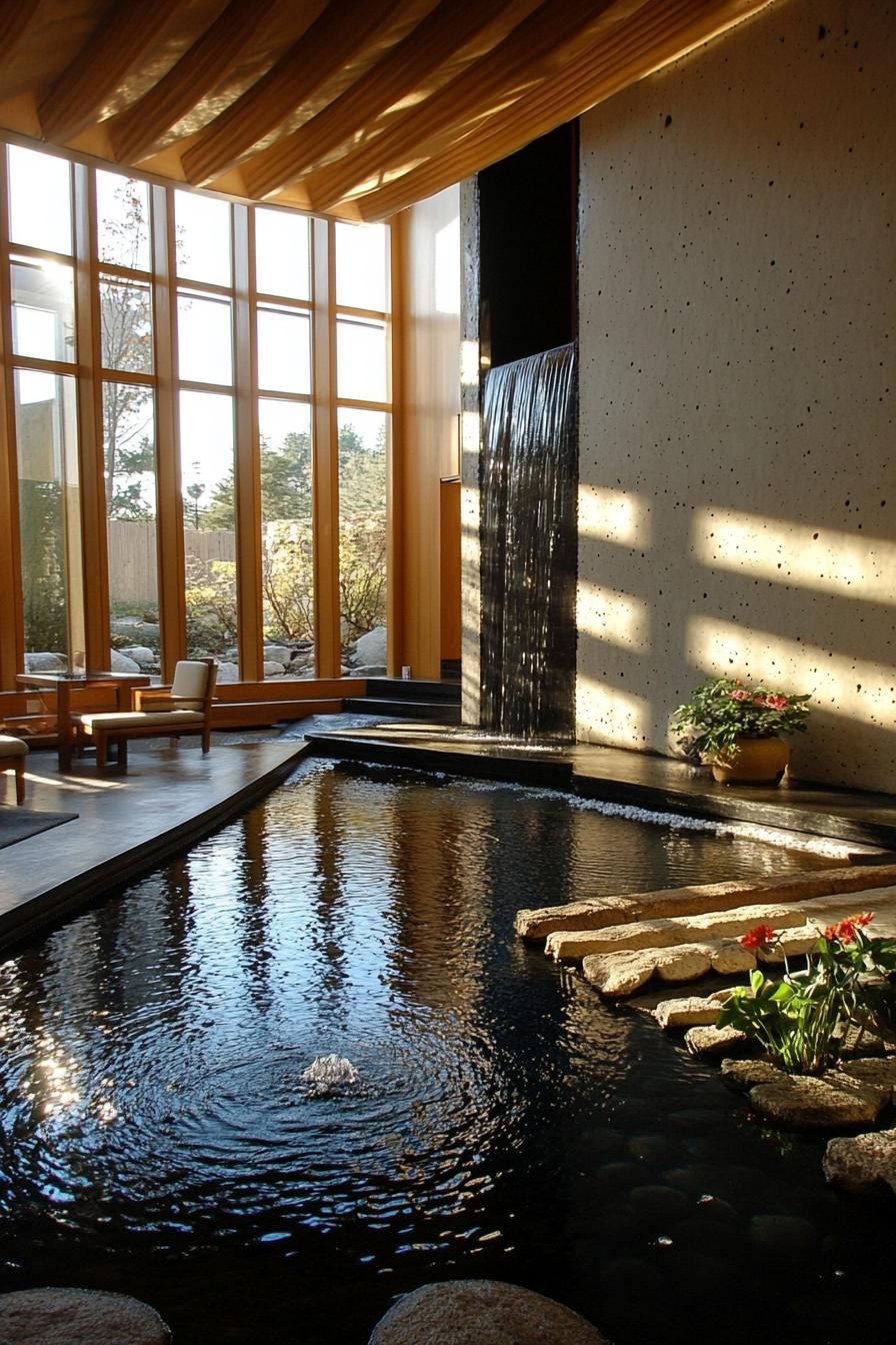 modern home zen style interior living room with water feature 3