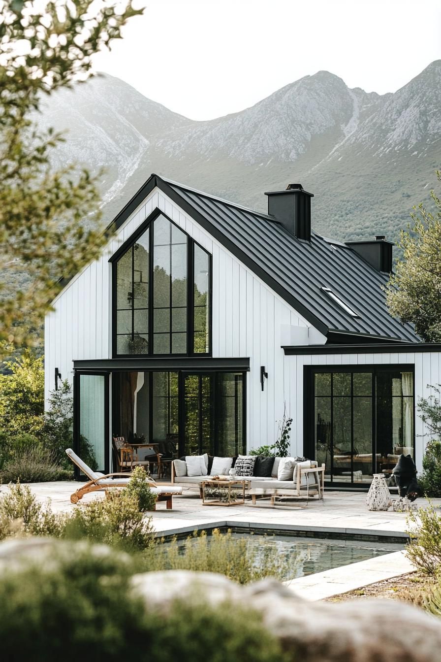 modern French cottage style mountain house with white shiplap dar grey roof large glass windows and doors patio with seating Alp mountains in the 3
